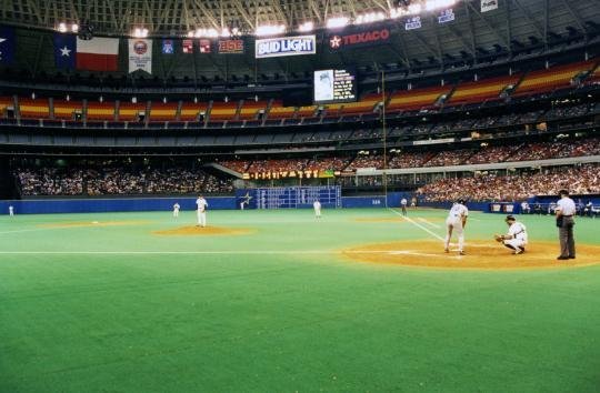 Interior of the Houston Astrodome during a Houston Astros game in the early 1980s