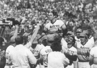 Houston Astros teammates hoist Nolan Ryan onto their shoulders after his record fifth no-hitter