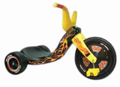 A later flame-decorated Big Wheel toy variant with black and yellow design