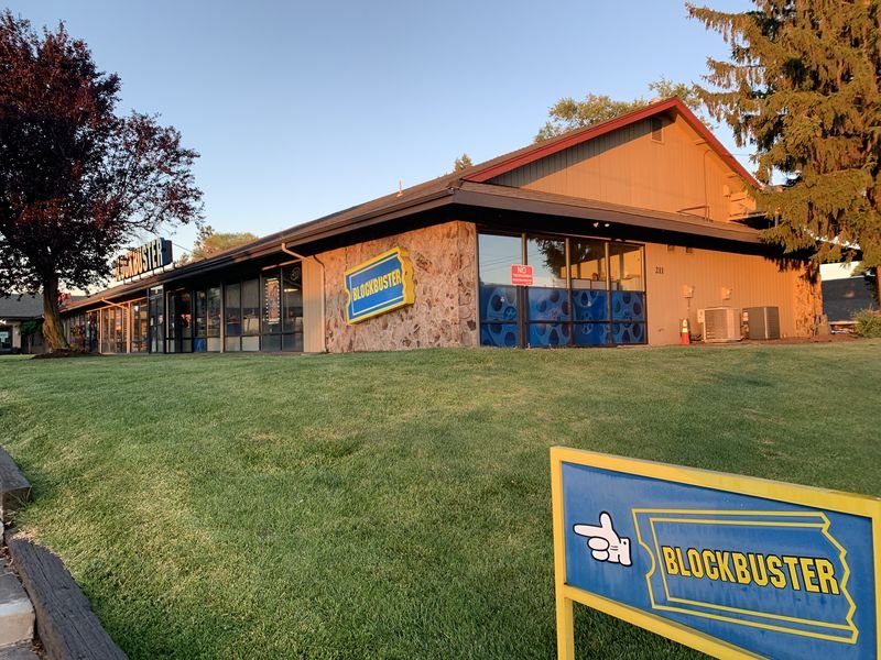 The last Blockbuster Video store in Bend, Oregon with iconic signage and lawn