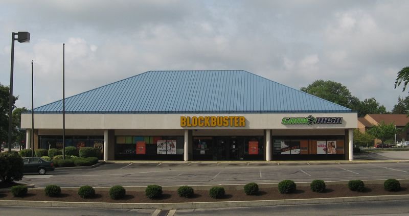 Blockbuster Video store exterior showing the iconic blue and yellow signage