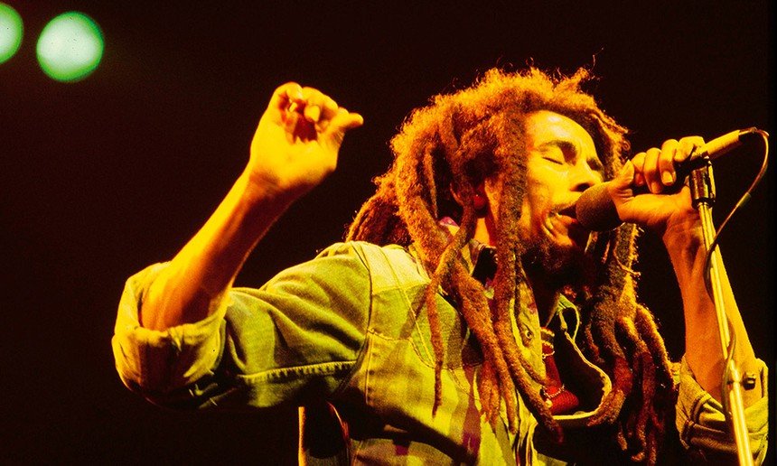 Bob Marley performing live on stage during the mid-1970s