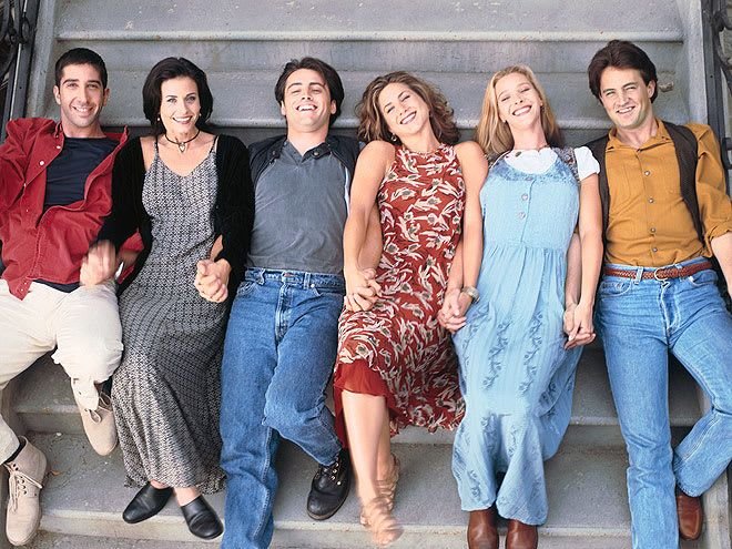 Friends cast photo from the show 1994 premiere season staircase promo shot