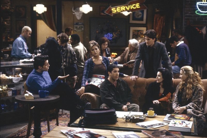 Friends cast on the Central Perk coffee shop set in 1994