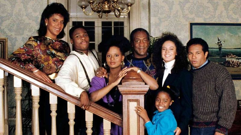 Cosby Show cast staircase family portrait chandelier scene