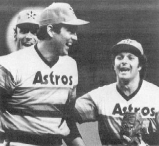 Houston Astros shortstop Craig Reynolds congratulates Nolan Ryan moments after the no-hitter