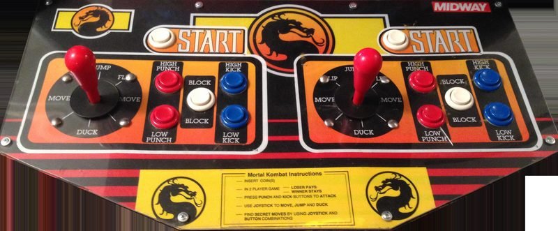 Mortal Kombat original arcade game control panel showing the dual joystick and button layout