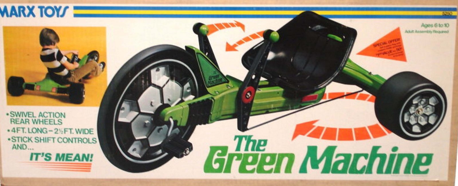 Original Marx Green Machine toy box art showing a boy riding the spinout trike