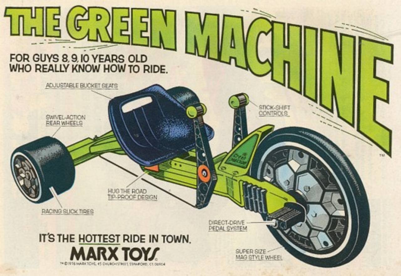 Vintage 1970s magazine advertisement for the Marx Green Machine spinout trike