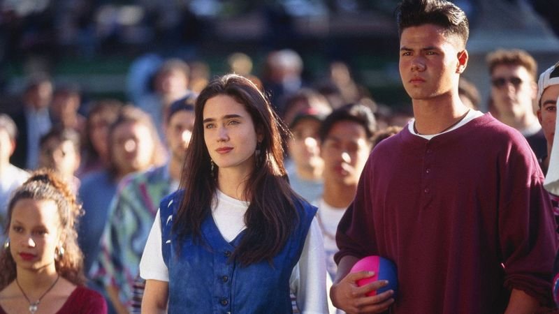 Jennifer Connelly and Michael Rapaport at the campus rally in Higher Learning 1995