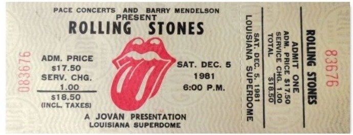 A 1981 Rolling Stones concert ticket for the Louisiana Superdome, marked A Jovan Presentation