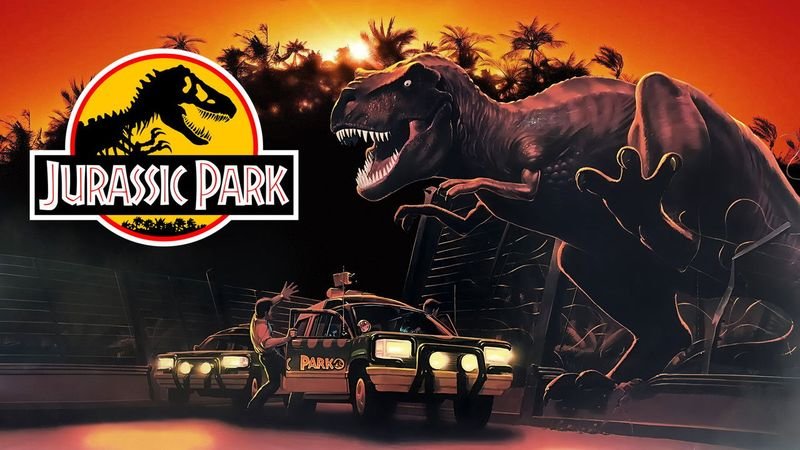 Jurassic Park 1993 promotional art with T-Rex silhouette at orange sunset with park logo