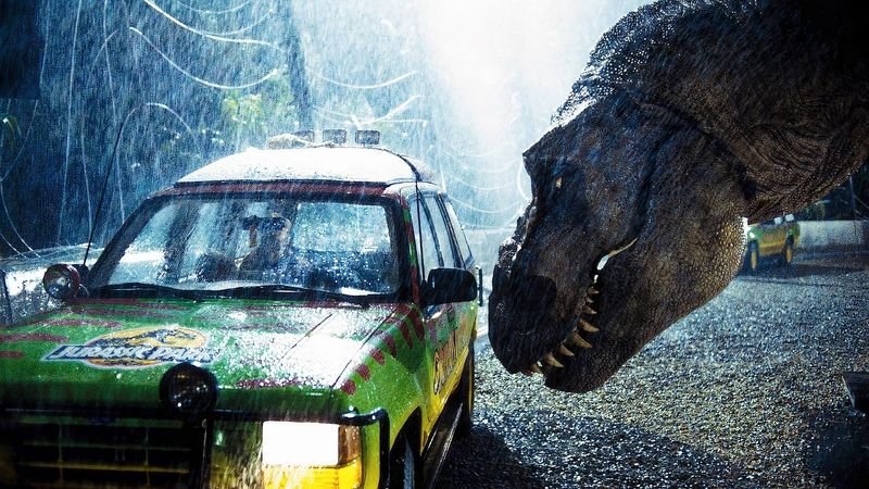 Jurassic Park T-Rex chasing Jurassic Park Jeep in rain sequence