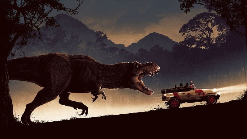 Jurassic Park T-Rex silhouette chasing Jurassic Park Jeep at night
