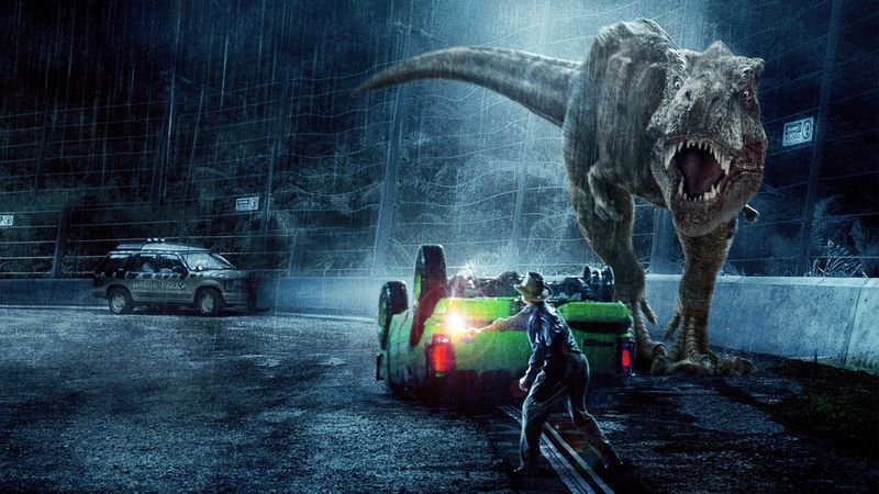 Jurassic Park T-Rex towering over character in rain against dark sky