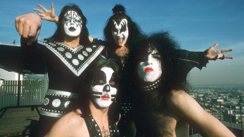 KISS band in full makeup on a Los Angeles rooftop in the 1970s