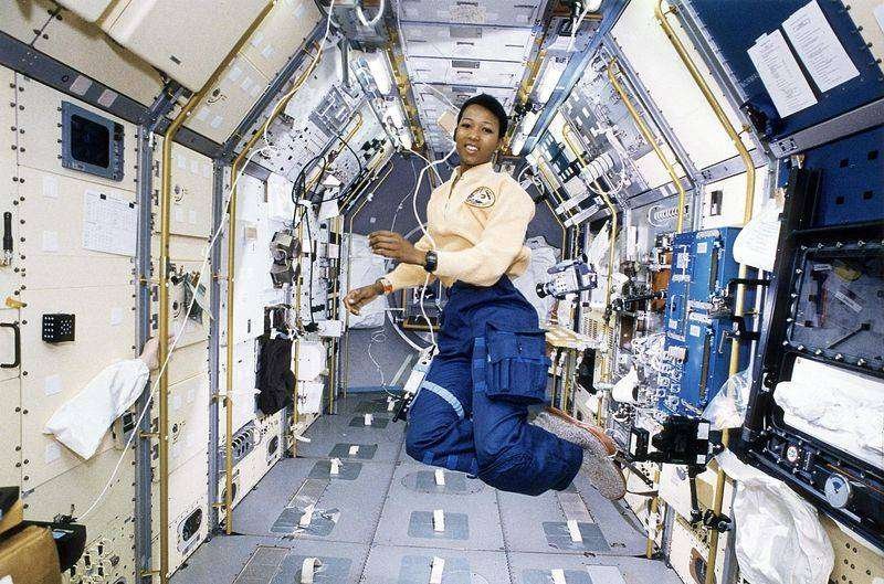 Mae Jemison working in Spacelab-J science module aboard Space Shuttle Endeavour STS-47