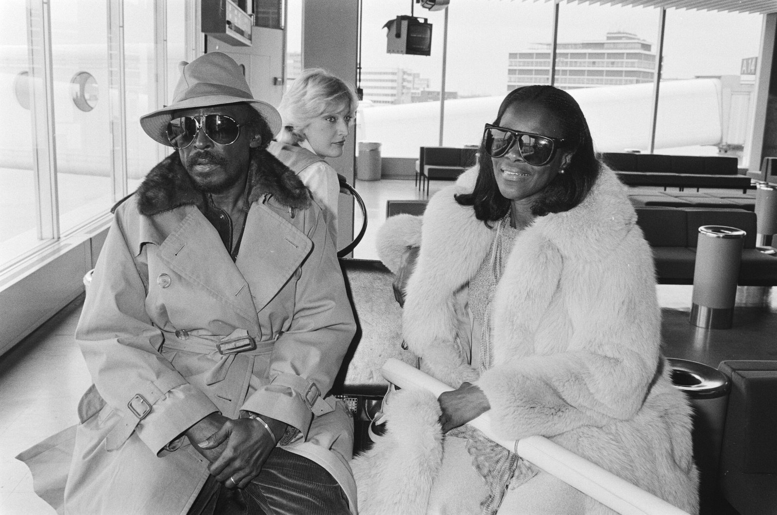 Miles Davis and Cicely Tyson arriving at Schiphol Airport in Amsterdam, April 1982, during his comeback tour