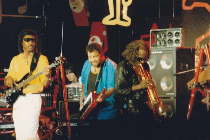 Miles Davis performing with keyboardist George Duke during his electric fusion era