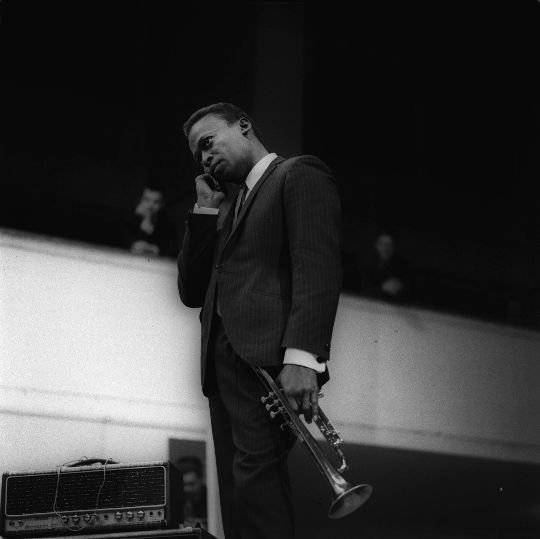 Miles Davis backstage in Helsinki, Finland, October 1964, during his European tour with the second great quintet