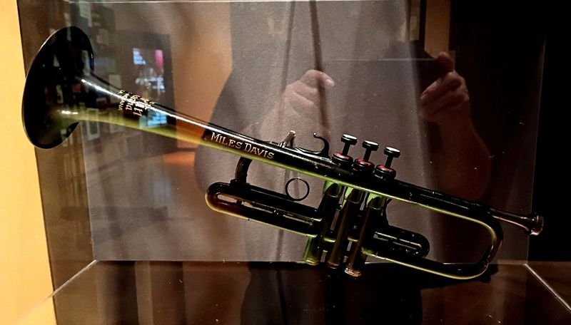 Miles Davis's trumpet on display at a museum exhibit