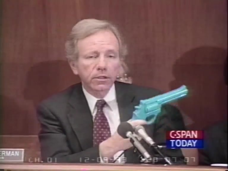 Senator Joe Lieberman at the December 9 1993 Senate hearing on video game violence with C-SPAN chyron reading VIDEO GAME VIOLENCE