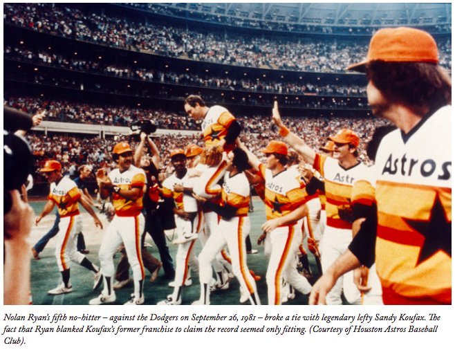 Nolan Ryan mobbed by Houston Astros teammates on the Astrodome turf after breaking Sandy Koufax's no-hitter record