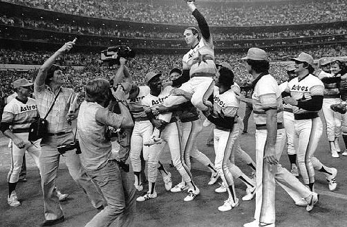 Nolan Ryan carried off the field by Houston Astros teammates after his fifth career no-hitter, September 26, 1981