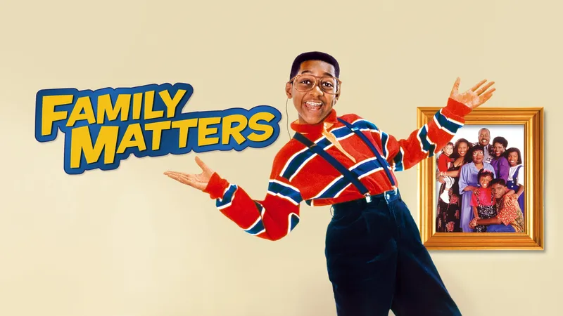 Steve Urkel character portrait next to the Family Matters family photo frame