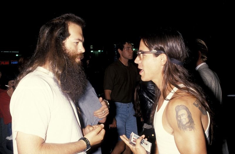 Producer Rick Rubin talks with Red Hot Chili Peppers singer Anthony Kiedis around the Blood Sugar Sex Magik era