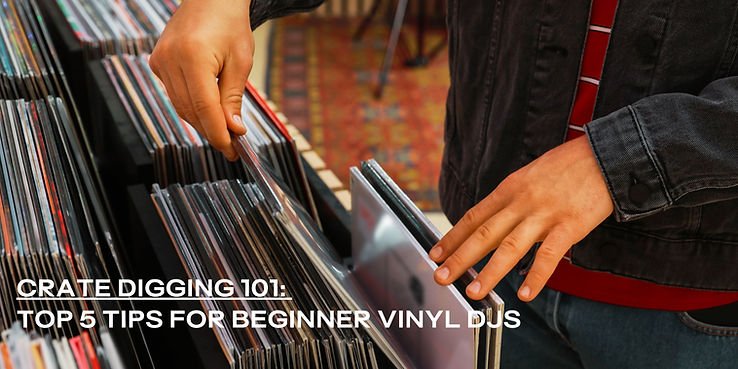 Hands flipping through vinyl records in a store with patterned carpet. Text reads:
