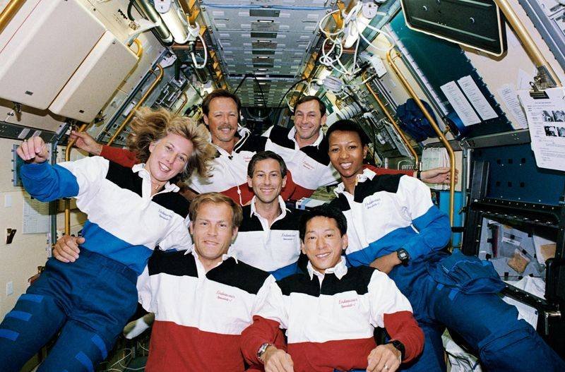 STS-47 crew in Spacelab-J science module September 1992 space shuttle Endeavour