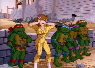 Screenshot from the 1987 Teenage Mutant Ninja Turtles animated series with April O'Neil