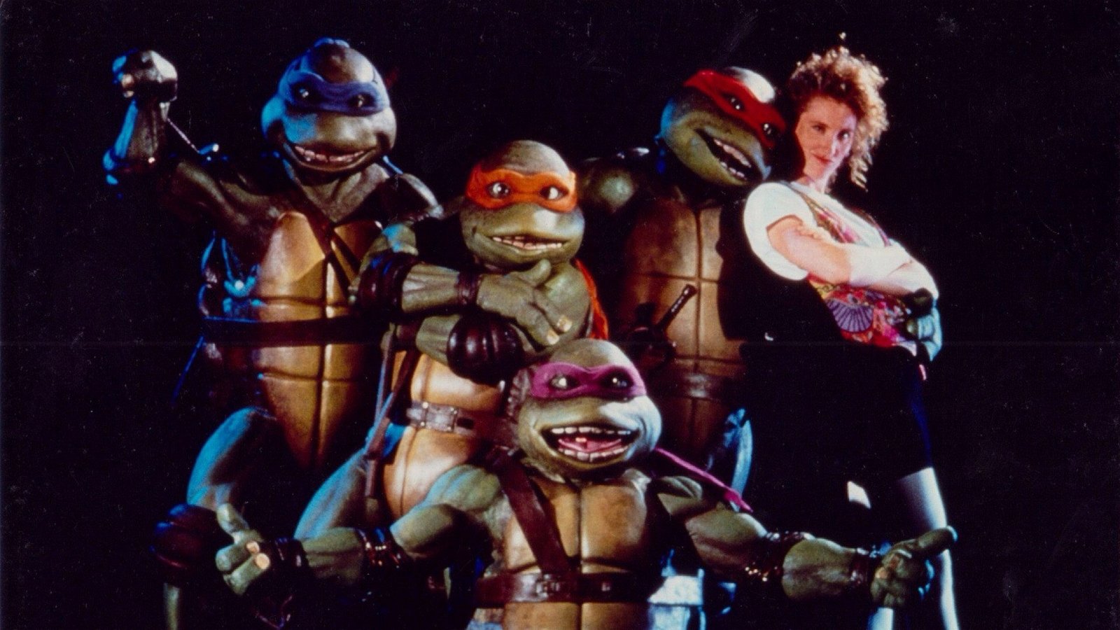 The Teenage Mutant Ninja Turtles with April O'Neil in the 1990 live-action movie