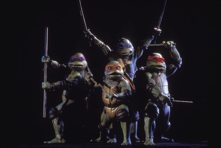 The four Teenage Mutant Ninja Turtles in their 1990 movie suits built by Jim Henson's Creature Shop