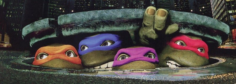 Behind the scenes of the 1990 Teenage Mutant Ninja Turtles movie poster photo shoot