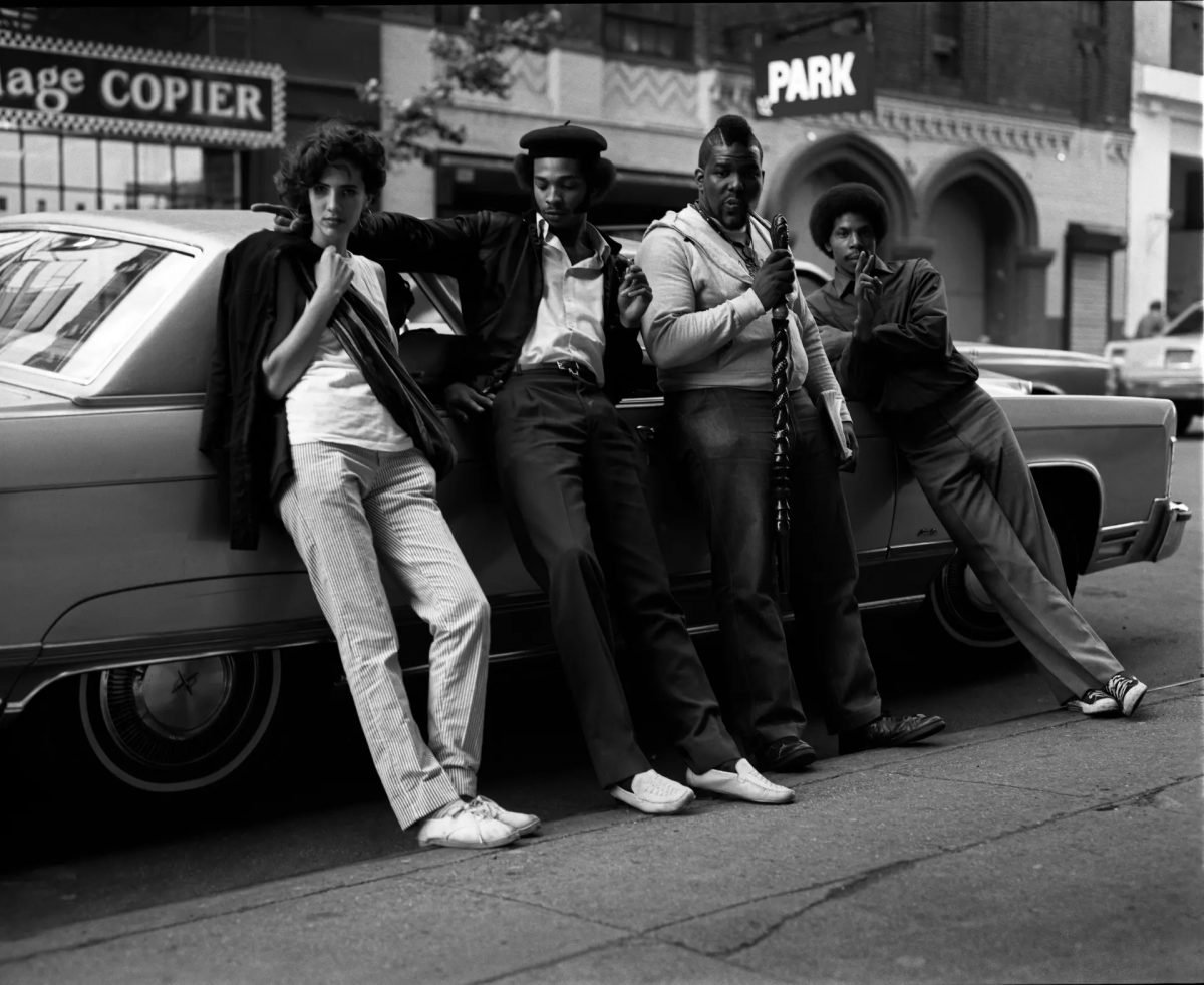 Rapper B-Side, Zulu Nation co-founder Amad Henderson, and Afrika Bambaataa outside Greene Street Recordings, early 1980s
