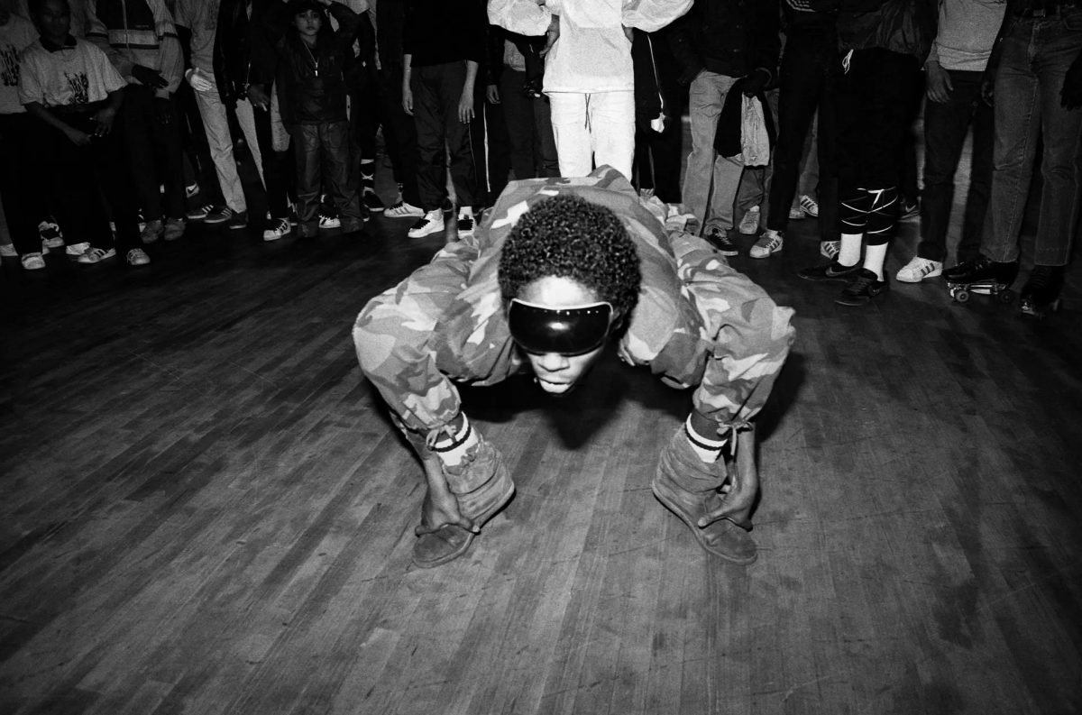 A breakdancer performs a crab move during Beat Street auditions at the Roxy nightclub, 1983