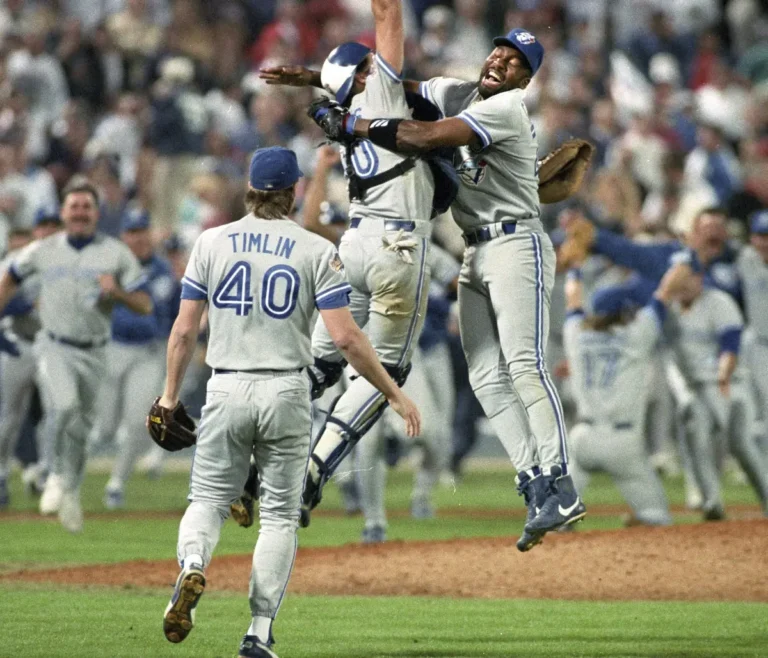 Toronto Blue Jays players celebrate clinching the 1992 World Series title