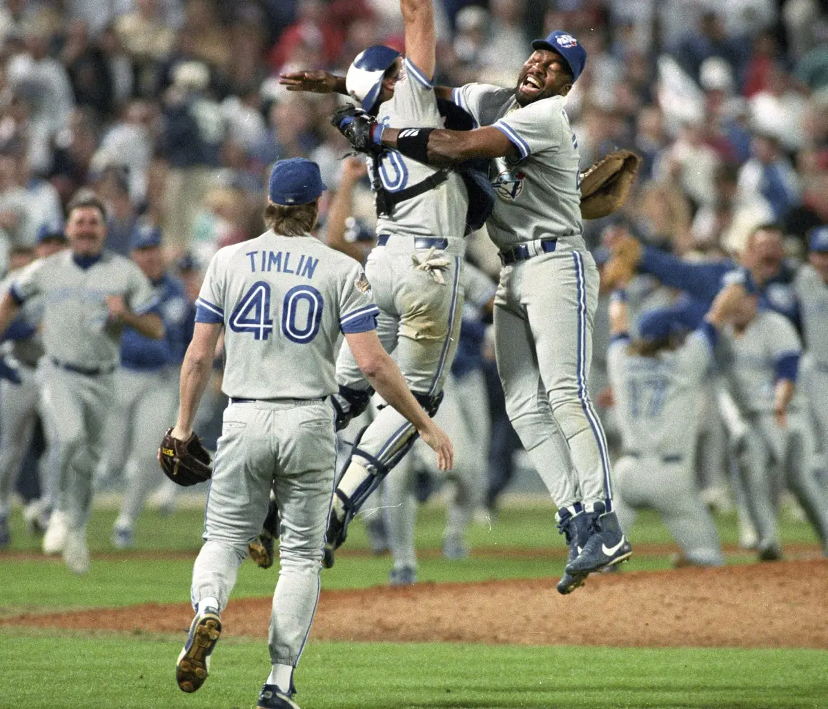 Toronto Blue Jays players celebrate clinching the 1992 World Series title