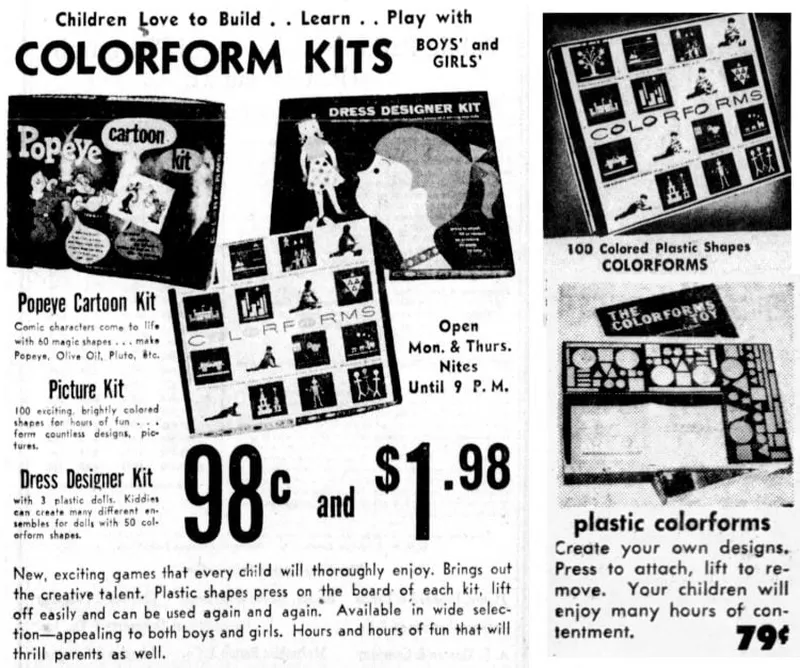 1950s newspaper ad for Colorforms Popeye Cartoon Kit and Dress Designer Kit