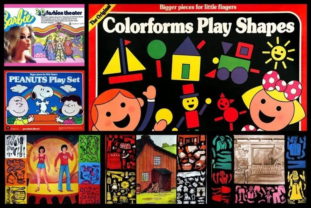 Original Colorforms Play Shapes box with Barbie and Peanuts sets