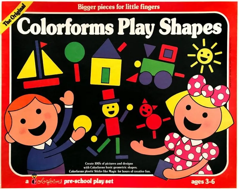 Colorforms vinyl stick-on toy box with vintage geometric shapes