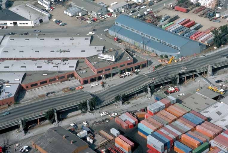 Aerial view of the collapsed Cypress Street Viaduct in Oakland after the 1989 Loma Prieta earthquake