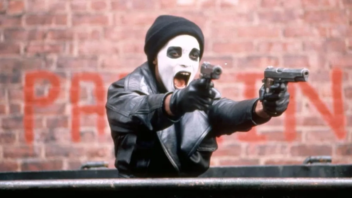 Dead Presidents 1995 heist crew in kabuki-style face paint
