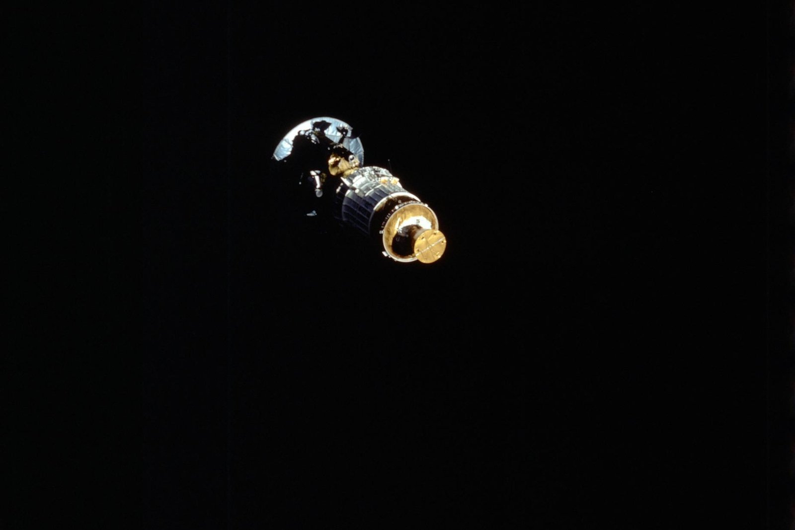 The Galileo spacecraft and its Inertial Upper Stage booster shortly after deployment from Atlantis's payload bay