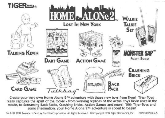 1992 Tiger Toys Home Alone 2 merchandise catalog page featuring the Talkboy