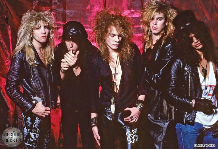 Guns N' Roses — Duff McKagan, Izzy Stradlin, Axl Rose, Steven Adler, and Slash — in a 1987 band portrait