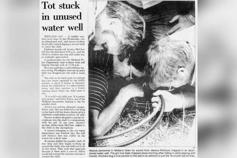 1987 newspaper front page headline Tot stuck in unused water well about Jessica McClure