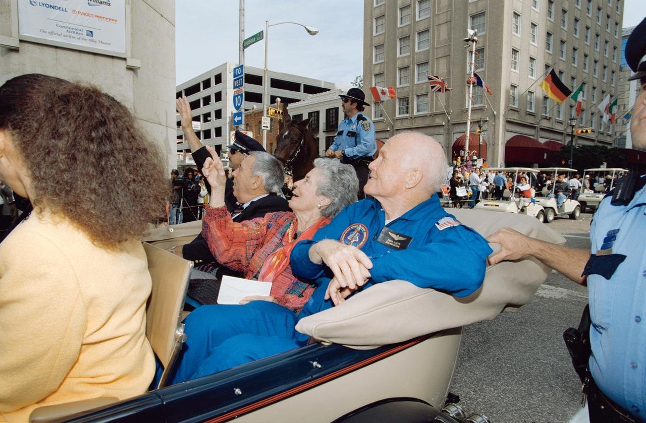 John Glenn riding in a Houston parade honoring the STS-95 crew after their 1998 Sea-Monkeys space mission